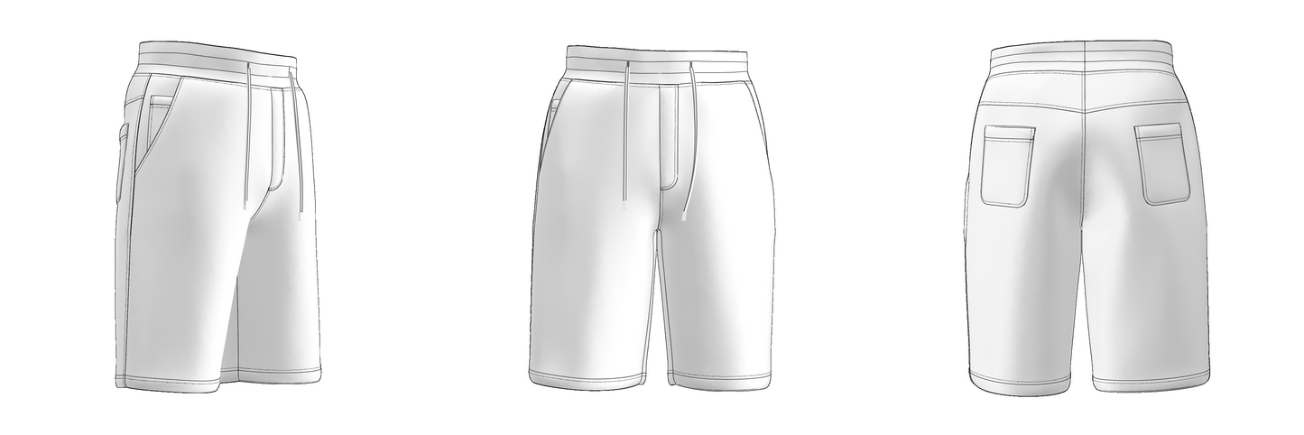 Unisex shorts sewing pattern MS201 — technical drawing all sizes