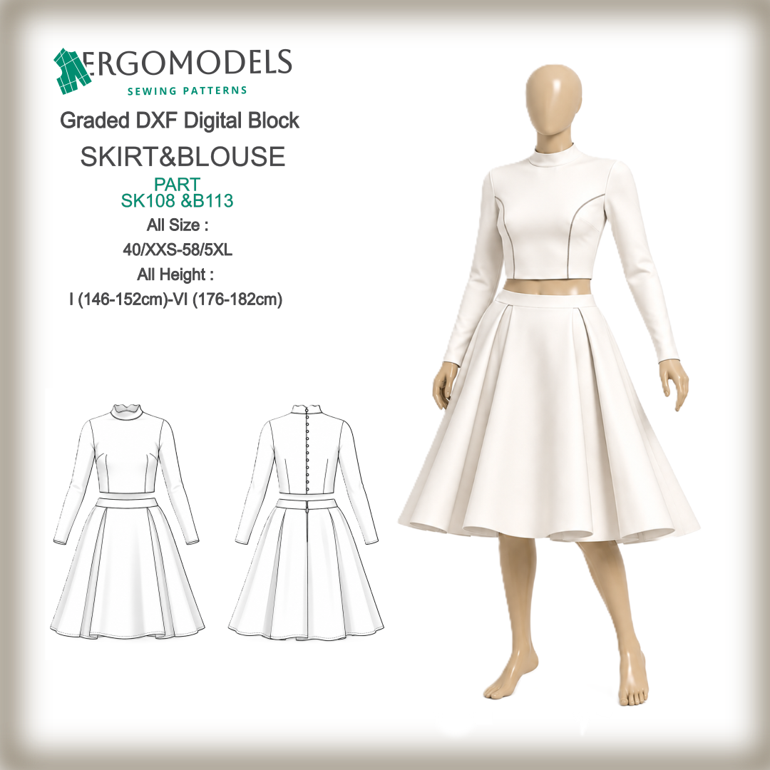Women's skirt SK108 & blouse B113 DXF sewing pattern — graded digital block, all sizes 40/XXS–58/5XL, all heights | Ergomodels
