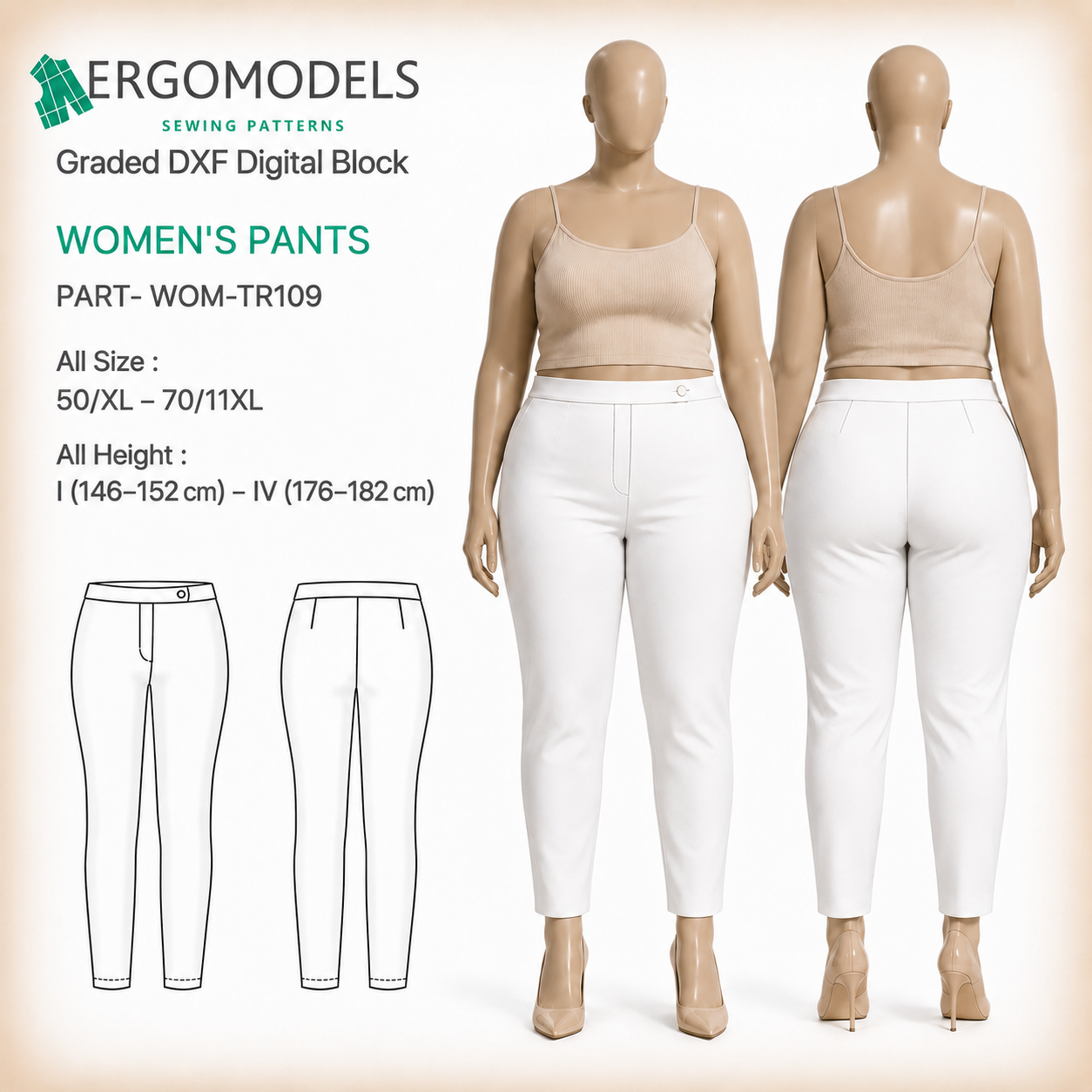 Plus size women's trousers DXF sewing pattern TR109 — professional pack all sizes by Ergomodels
