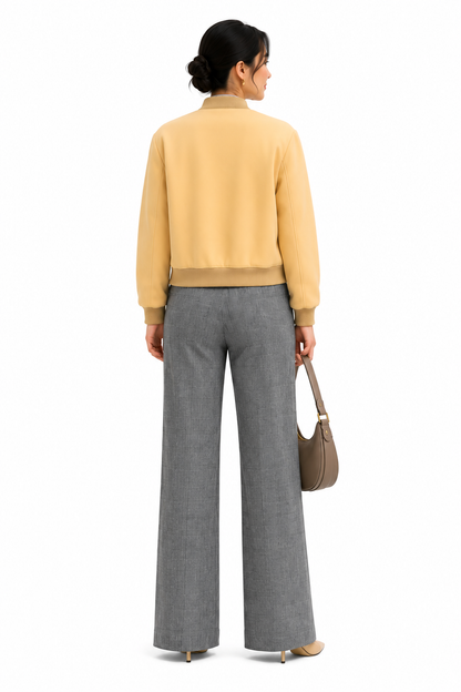 Women's jacket WJ104 sewing pattern — back view on model, relaxed fit, rib hem