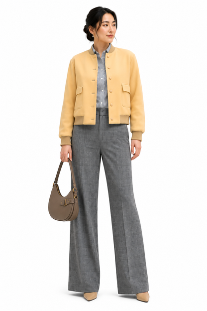 Women's jacket WJ104 sewing pattern — front view on model, yellow, with wide-leg trousers