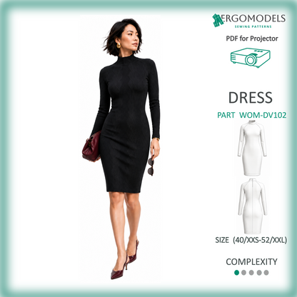 Projector PDF sewing pattern women's dress DV202 — multilayer file, 3 sizes per file, 5cm grid, sizes 40/XXS–52/XXL | Ergomodels
