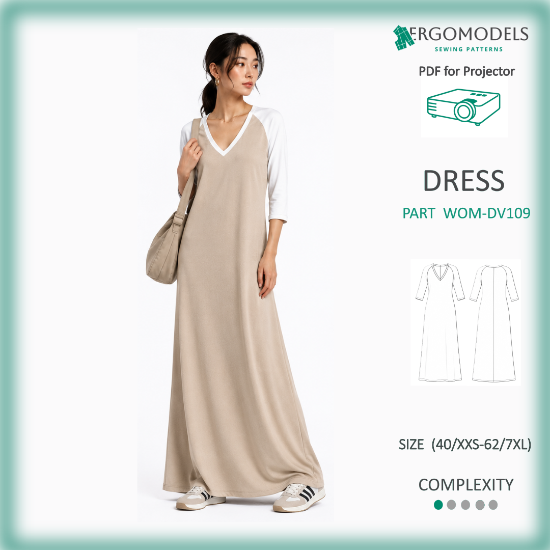 Projector sewing pattern DV109 – women's maxi dress with V-neck and raglan 3/4 sleeve, sizes 40/XXS–62/7XL | Ergomodels
