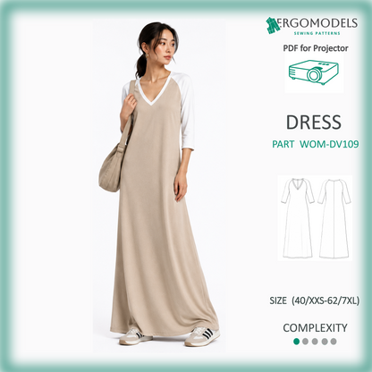 Projector sewing pattern DV109 – women's maxi dress with V-neck and raglan 3/4 sleeve, sizes 40/XXS–62/7XL | Ergomodels

