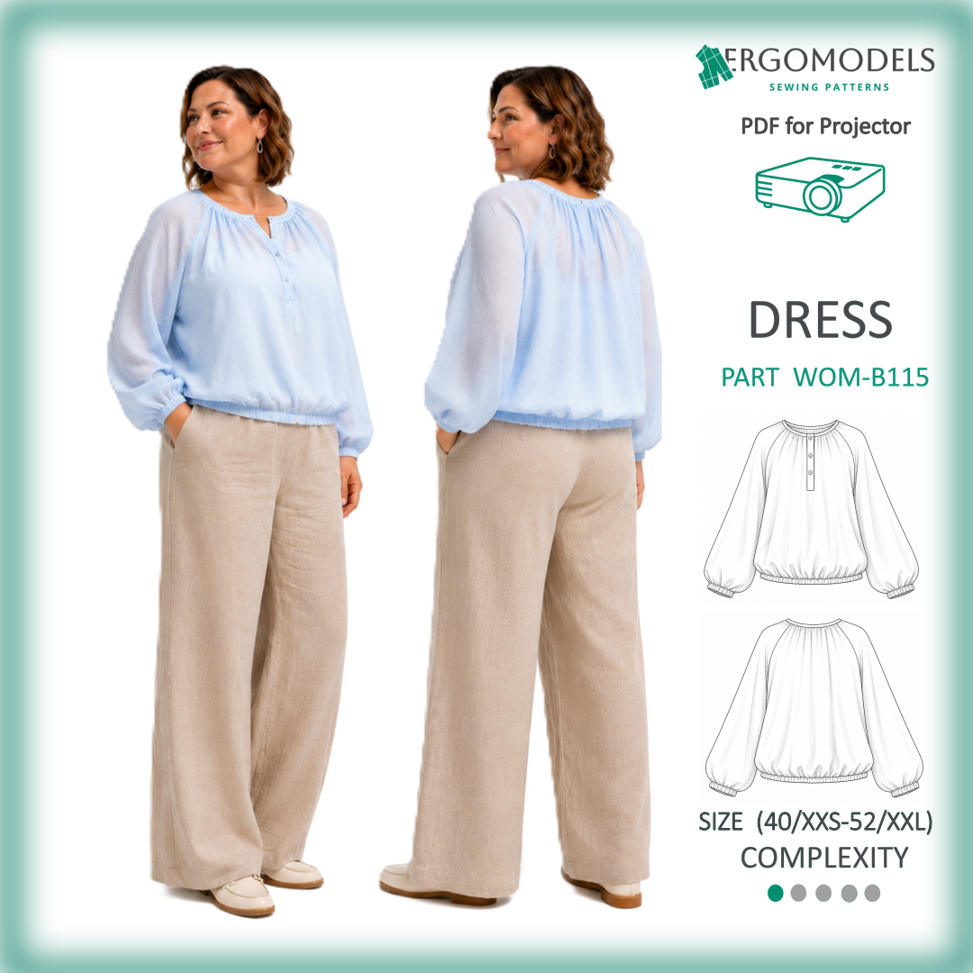 Projector PDF sewing pattern women's blouse B115 — multilayer file, 3 sizes per file, 5cm grid, sizes 42/XS–52/XXL, raglan sleeve, loose fit | Ergomodels
