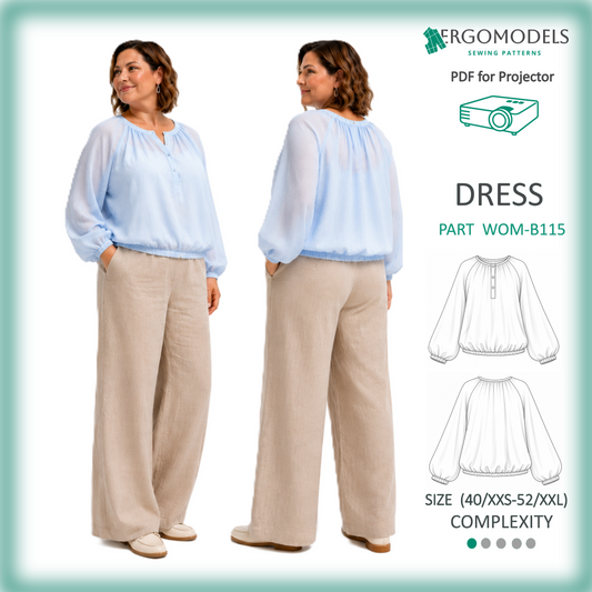 Projector PDF sewing pattern women's blouse B115 — multilayer file, 3 sizes per file, 5cm grid, sizes 42/XS–52/XXL, raglan sleeve, loose fit | Ergomodels
