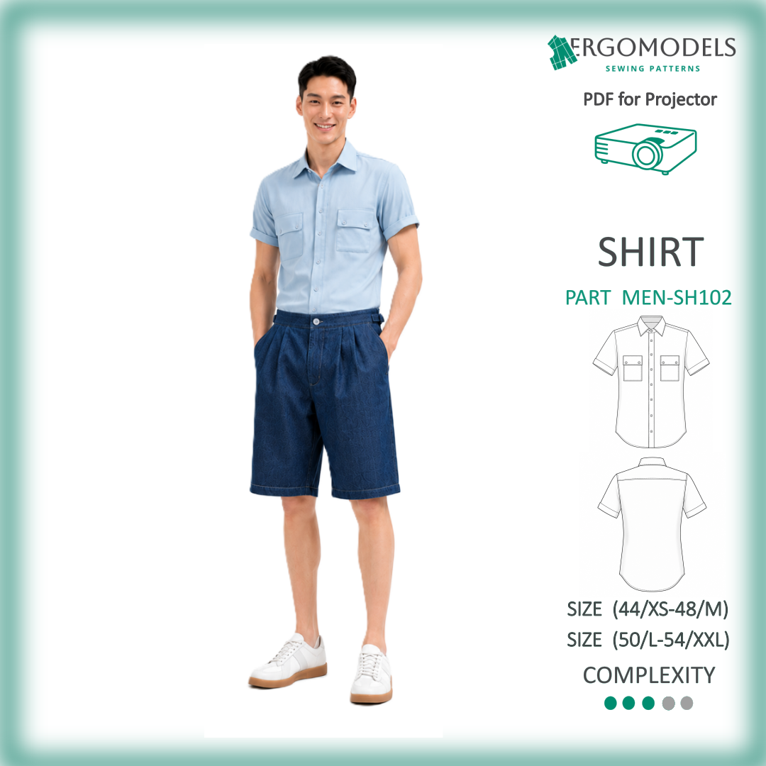Men's shirt SH102 PDF for Projector — multi-layer pattern, sizes 44/XS–54/XXL, all heights, no printing required | Ergomodels
