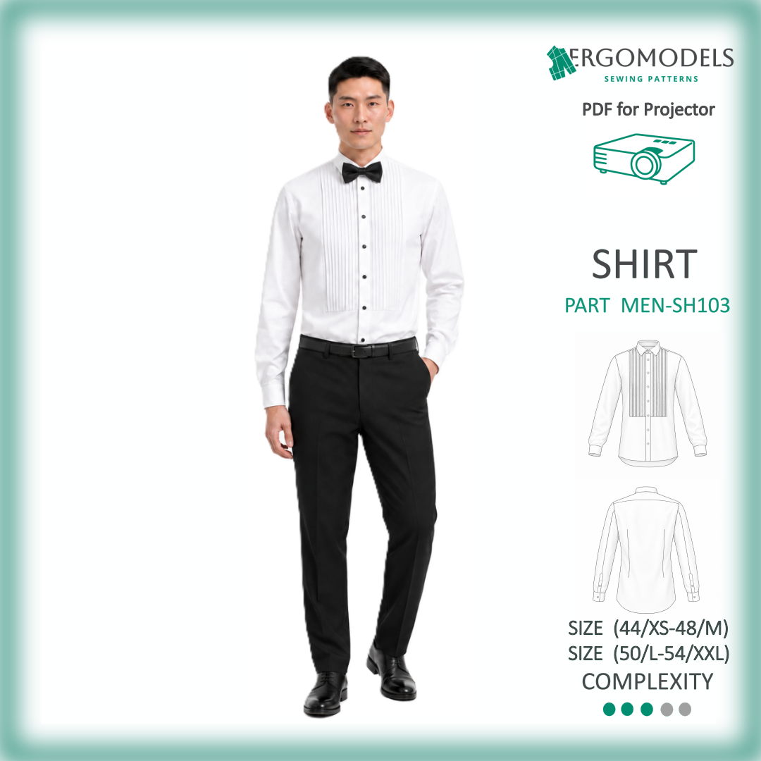 Men's formal shirt SH103 PDF for Projector — sizes Set A (44/XS–48/M) and Set B (50/L–54/XXL), all heights, decorative tucks, fitted silhouette | Ergomodels
