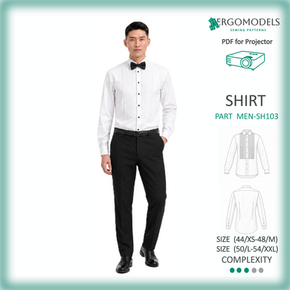 Men's formal shirt SH103 PDF for Projector — sizes Set A (44/XS–48/M) and Set B (50/L–54/XXL), all heights, decorative tucks, fitted silhouette | Ergomodels
