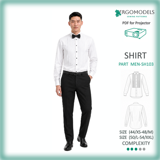 Men's formal shirt SH103 PDF for Projector — sizes Set A (44/XS–48/M) and Set B (50/L–54/XXL), all heights, decorative tucks, fitted silhouette | Ergomodels

