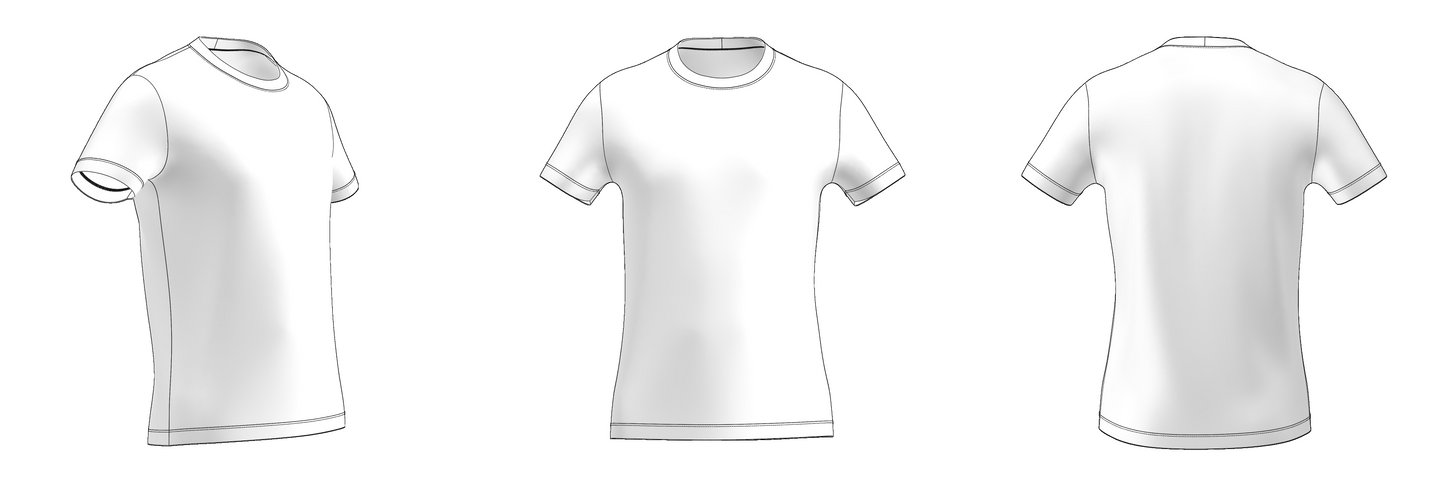 Men's T-shirt B201 — technical flat sketch crew neck, side, front and back views

