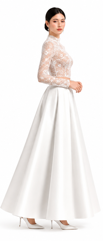 Women's skirt SK108 and blouse B113 — white bridal look, side view, lace top and satin skirt
