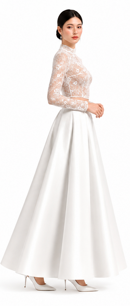 Women's skirt SK108 and blouse B113 — white bridal look, side view, lace top and satin skirt
